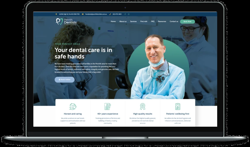 Dental website shown on a monitor mockup
